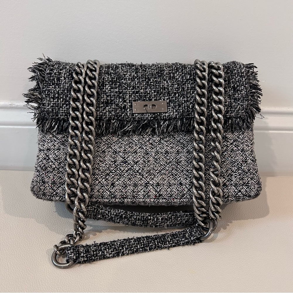 Kurt Geiger Tweed Shoulder Bag in Black and White with Silver Chain